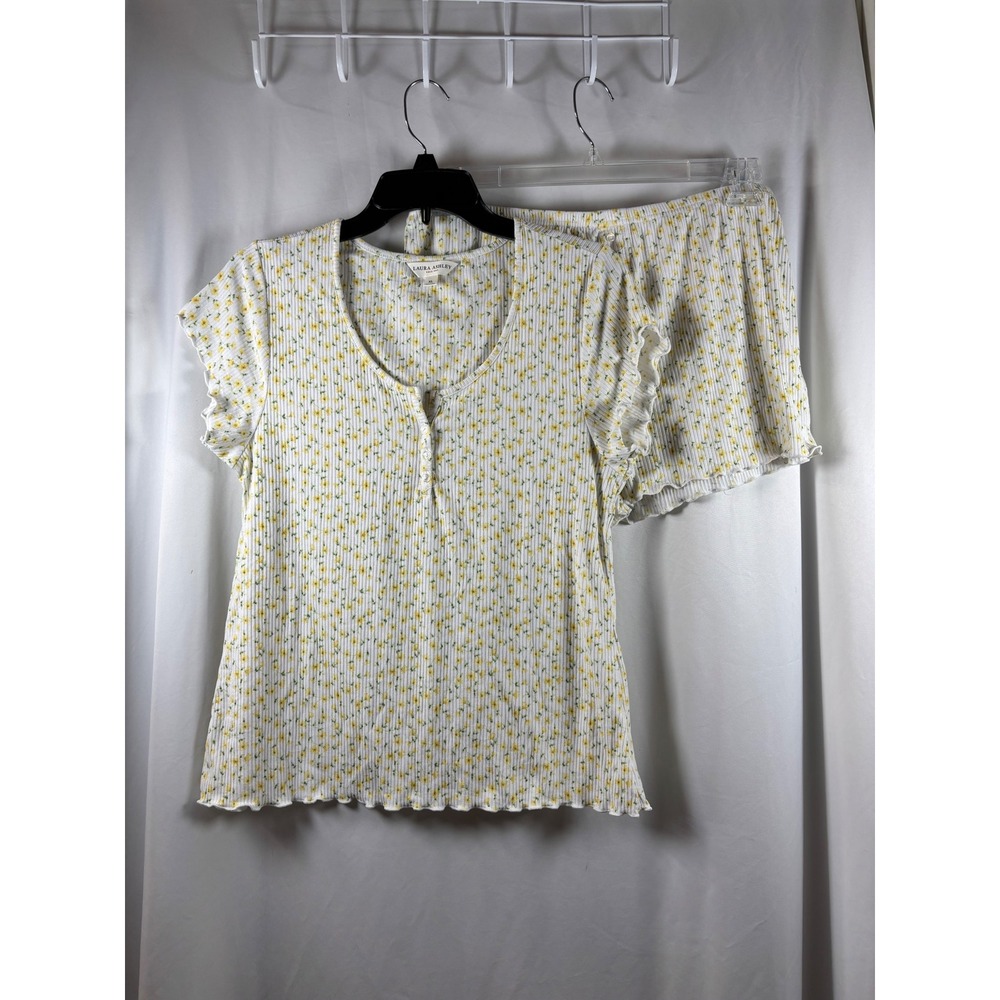 Laura Ashley Womens XL Pajama Set Yellow Floral Ribbed Henley Top Shorts 9687-51